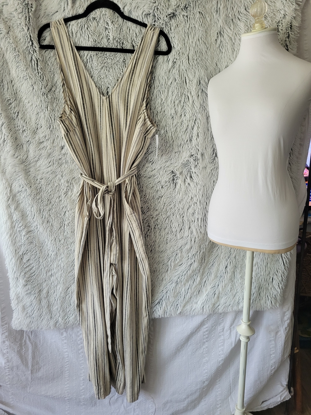 Sonoma Cream and Black Striped Sleeveless Tie-Waist Jumpsuit